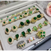 925 Gold Plated Emerald Ring for Women - Luxury Adjustable Open Band Statement Jewelry