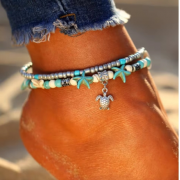 Summer Beach Boho Double Heart Anklets for Women Fashion Shell Starfish Ankle Bracelet on Leg Barefoot Handcraft Chain Jewelry